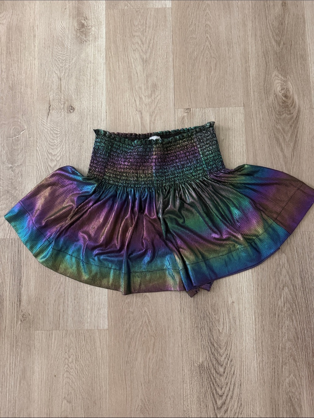 QUEEN OF SPARKLES Iridescent Rainbow Ribbed Smocked Swing Shorts